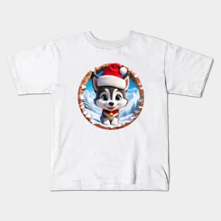 The Cute Christmas Dog Wearing Santa Hat Peeking Through The Hole In The Wall Kids T-Shirt